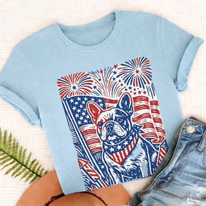 French Bulldog Linocut 4th of July USA Unisex TShirt Chambray