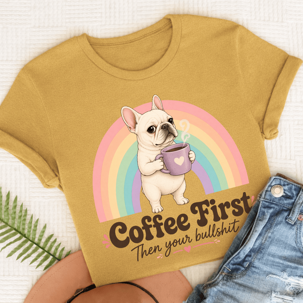 Custom French Bulldog Coffee First Unisex TShirt Mustard