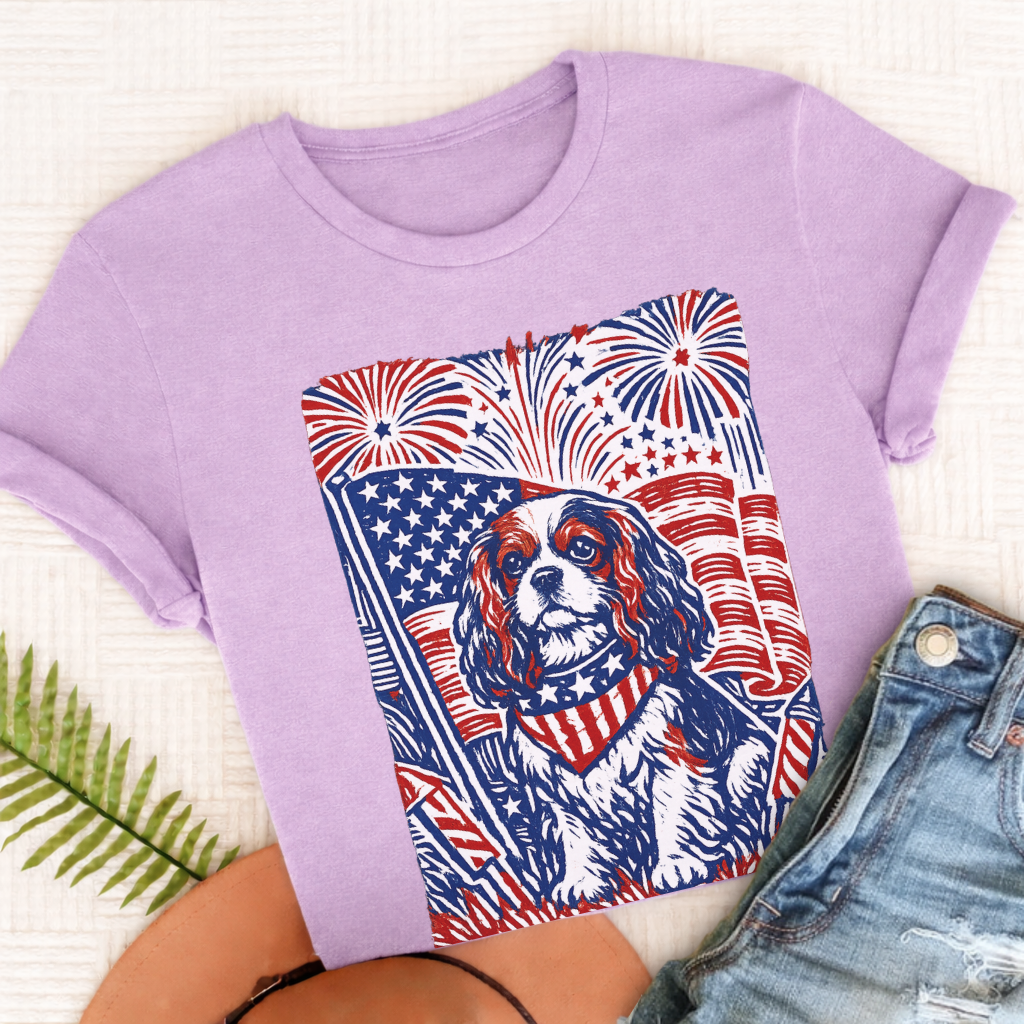 Cavalier Linocut 4th of July USA Unisex TShirt Orchid