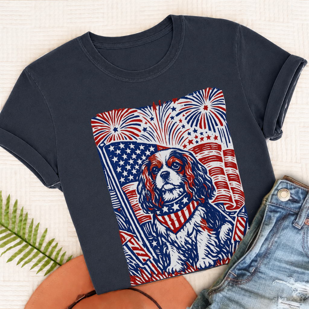 Cavalier Linocut 4th of July USA Unisex TShirt Navy