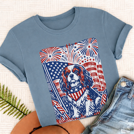 Cavalier Linocut 4th of July USA Unisex TShirt Blue Jean