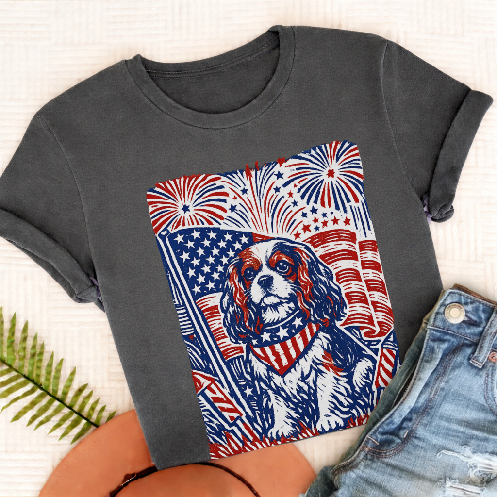 Cavalier Linocut 4th of July USA Unisex TShirt Pepper