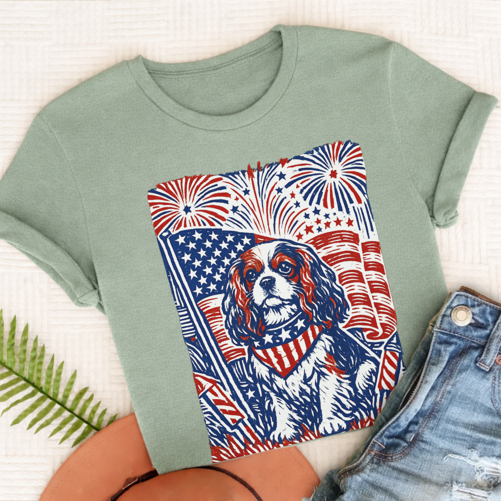 Cavalier Linocut 4th of July USA Unisex TShirt Bay