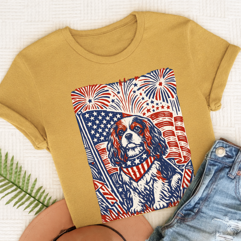 Cavalier Linocut 4th of July USA Unisex TShirt Mustard