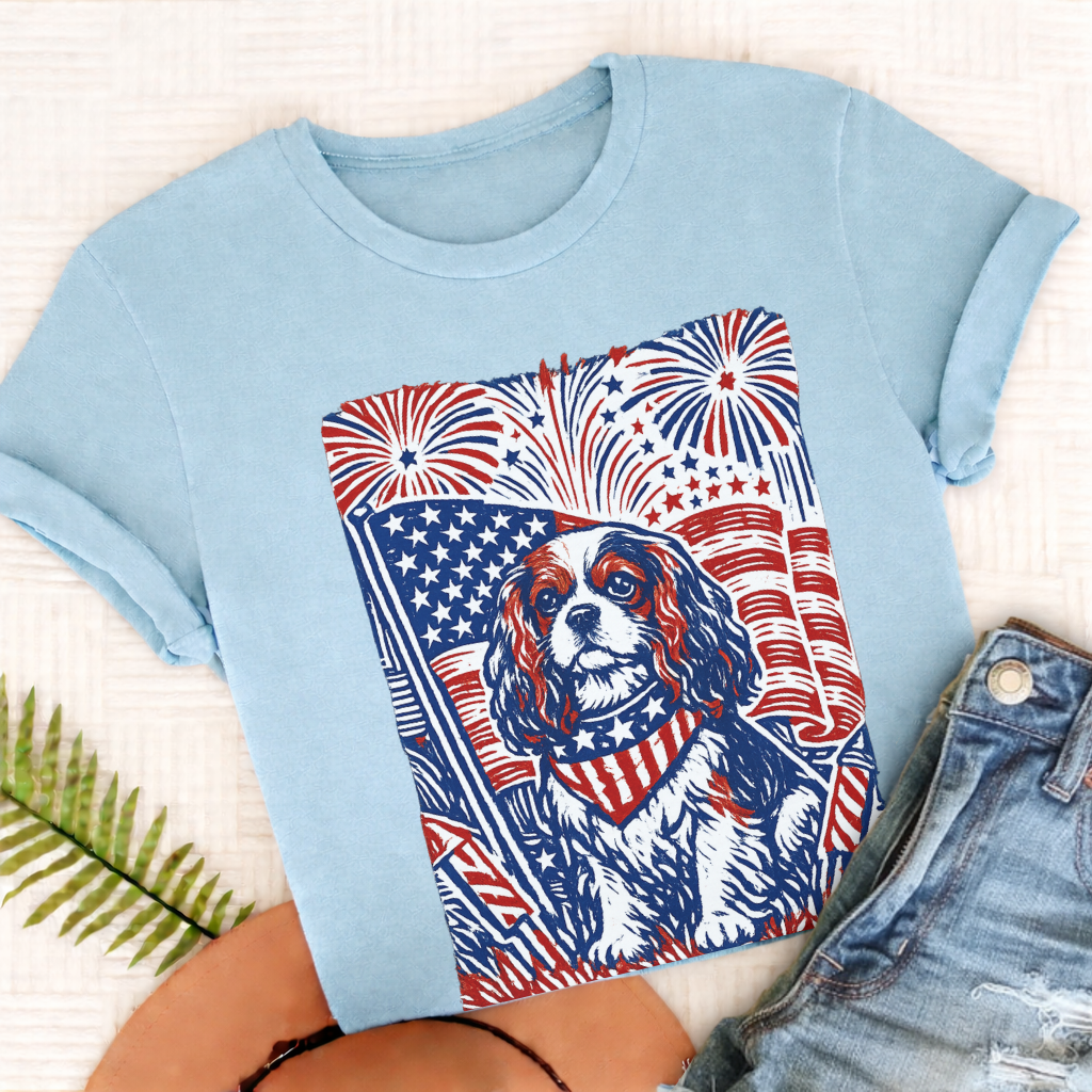 Cavalier Linocut 4th of July USA Unisex TShirt Chambray