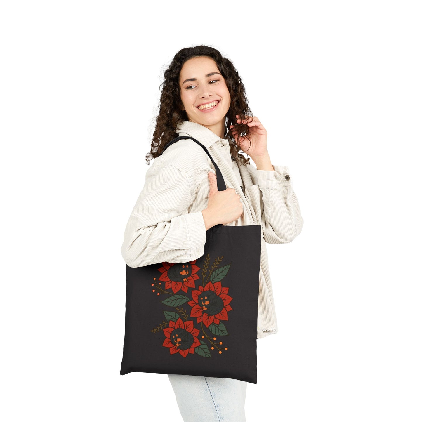 Black Tan Cavalier Holiday Flower Sleeping Tote Bag