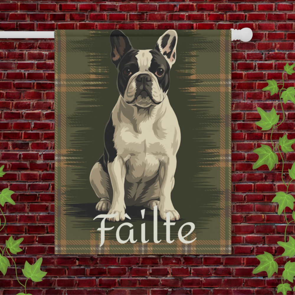 Piebald French Bulldog Scottish Welcome Garden Flag