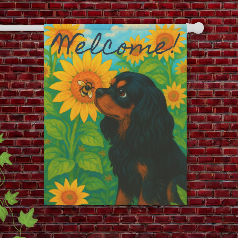 Black and Tan Cavalier Sunflower Garden Flag