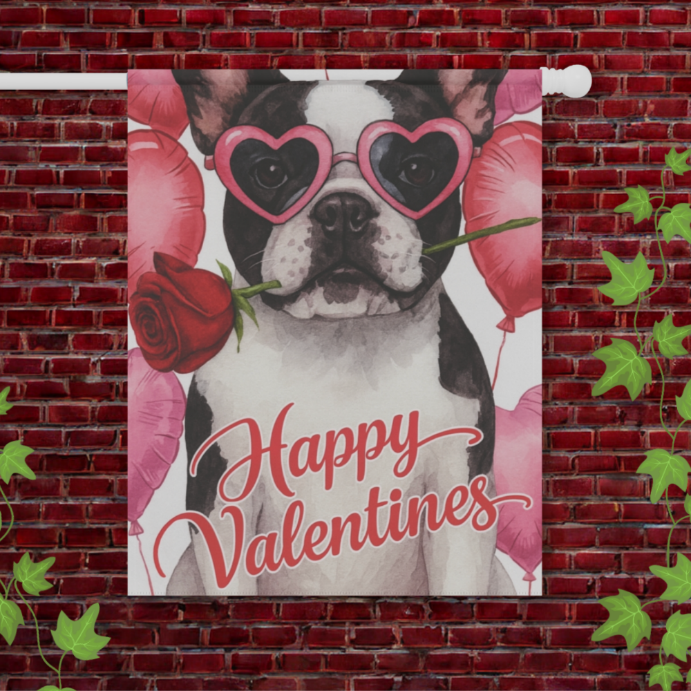 Piebald French Bulldog Valentines Day Garden Flag