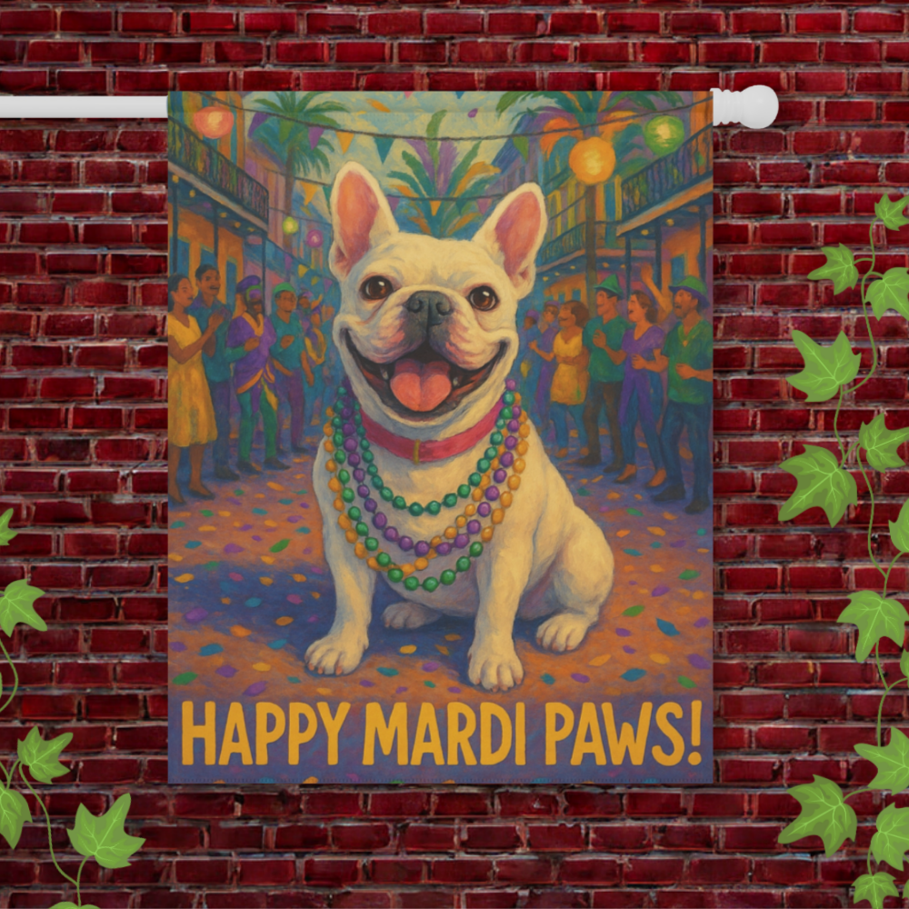 White French Bulldog Mardi Gras Paws Garden Flag