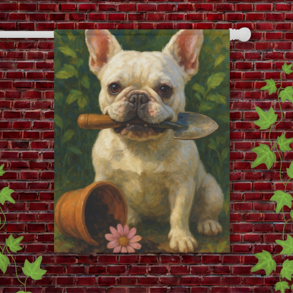White French Bulldog Little Gardener Garden Flag