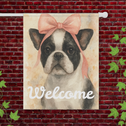 Piebald French Bulldog Pink Coquette Garden Flag