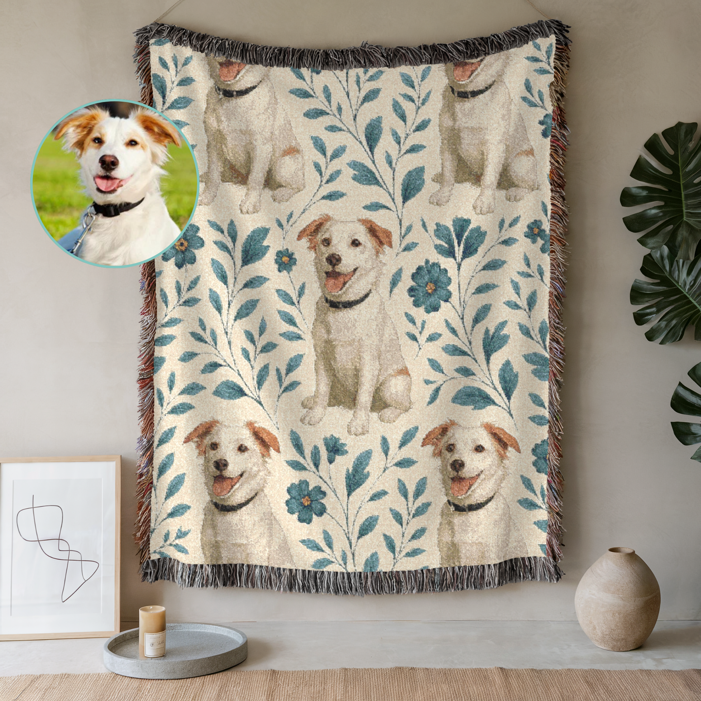 Blue Floral Mutt Woven Blanket 80" × 60"