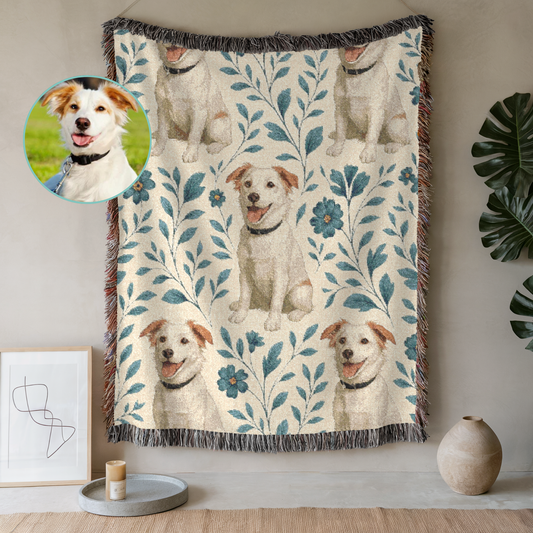 Blue Floral Mutt Woven Blanket 80" × 60"