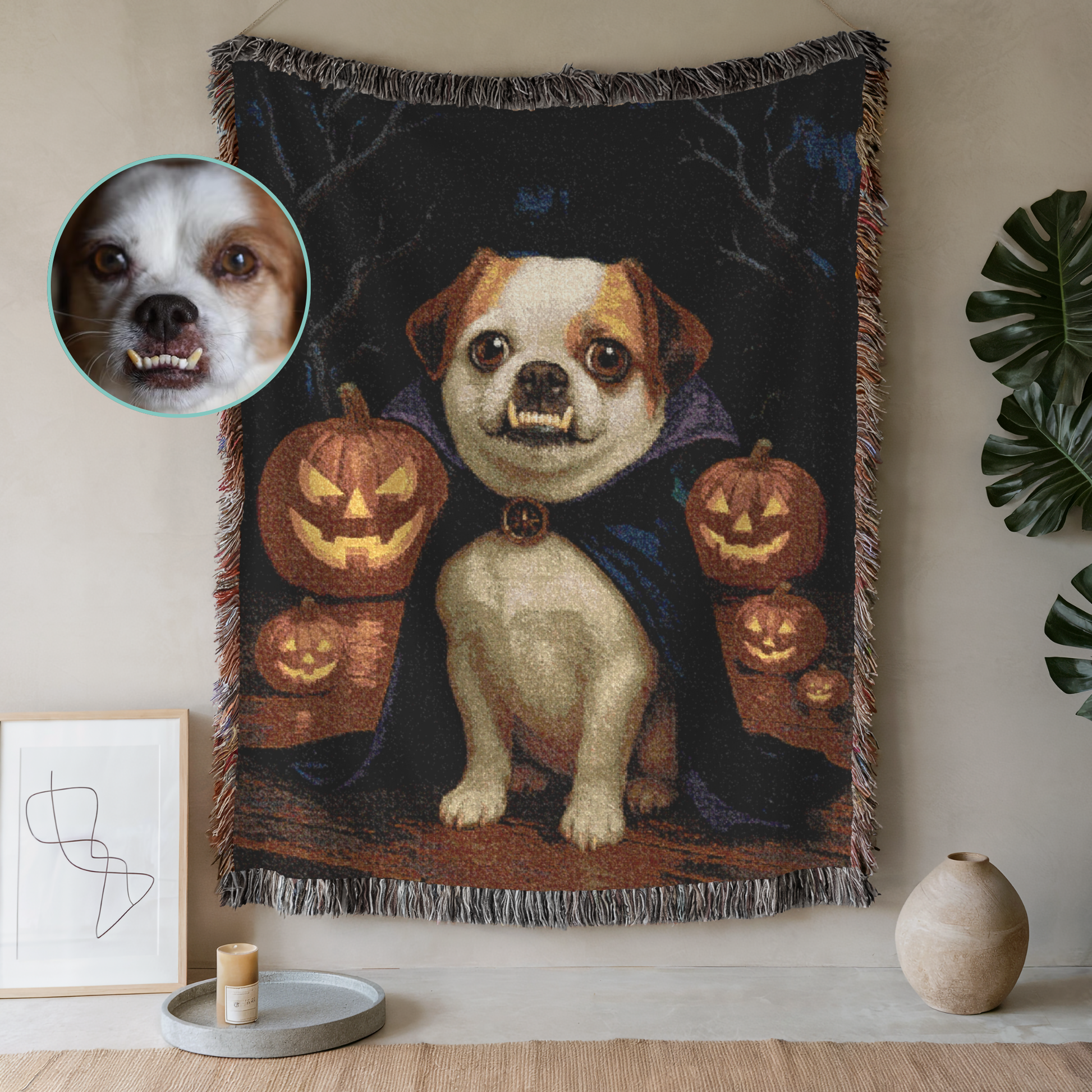 CUSTOM Mutt Dog Halloween Woven Blanket 80" × 60"