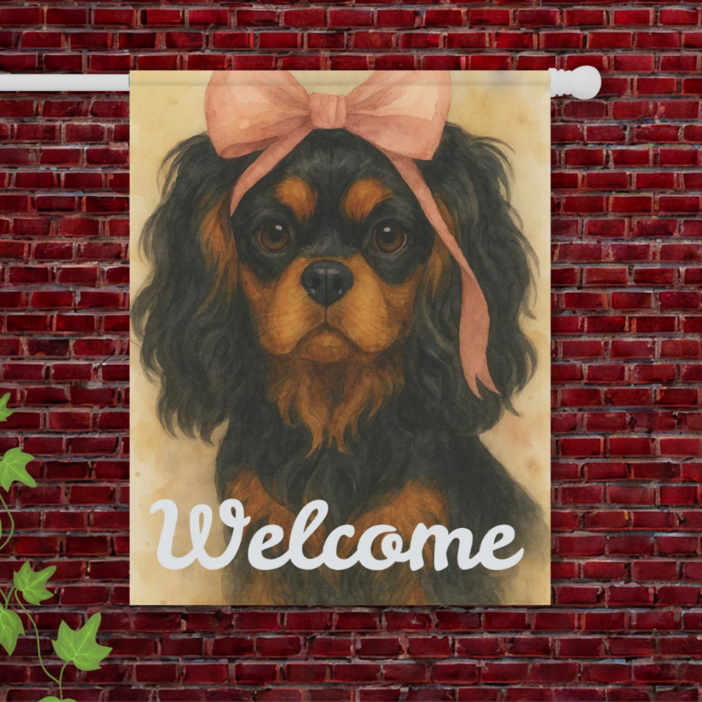 Black and Tan Cavalier Pink Coquette Garden Flag