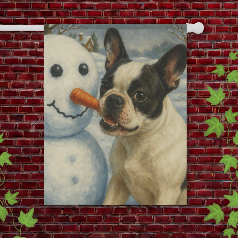 Piebald French Bulldog Snowman Garden Flag