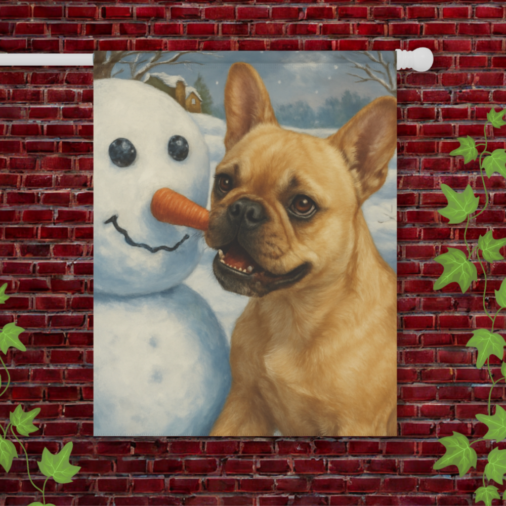Fawn French Bulldog Snowman Garden Flag