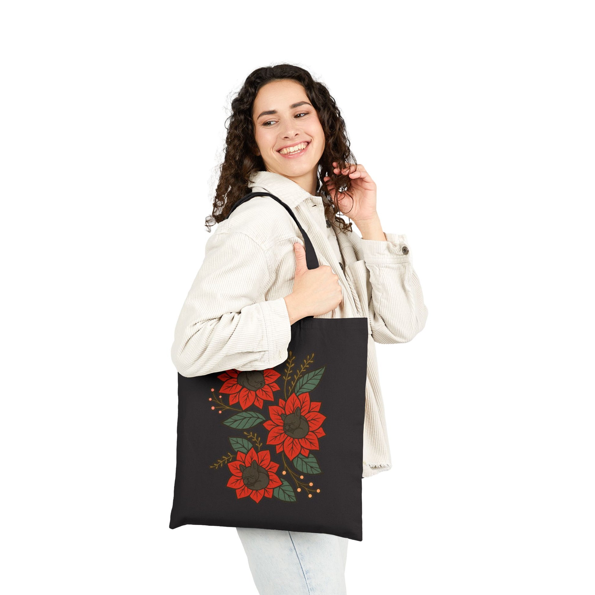 Black Frenchie Holiday Flower Sleeping Tote Bag