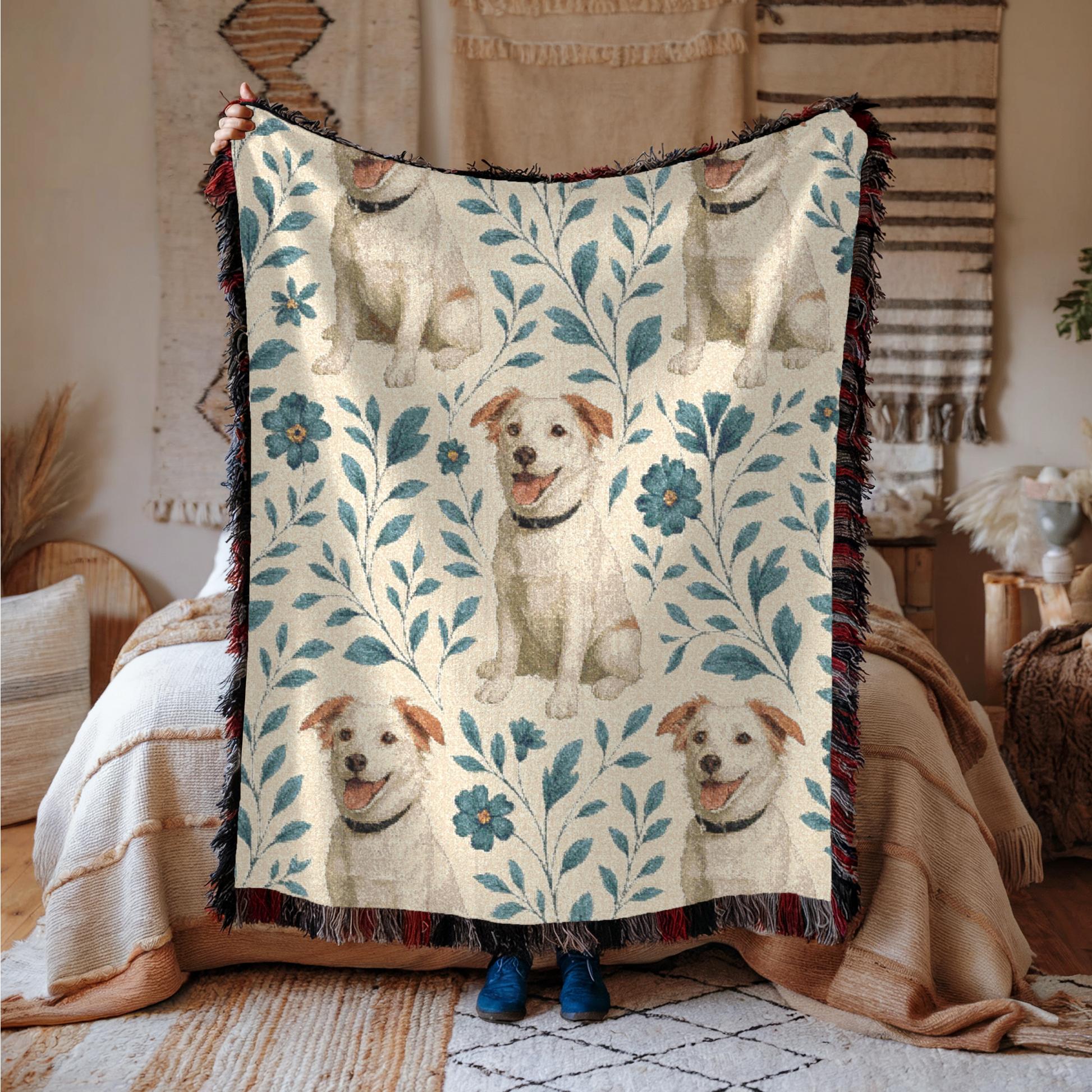 Blue Floral Mutt Woven Blanket