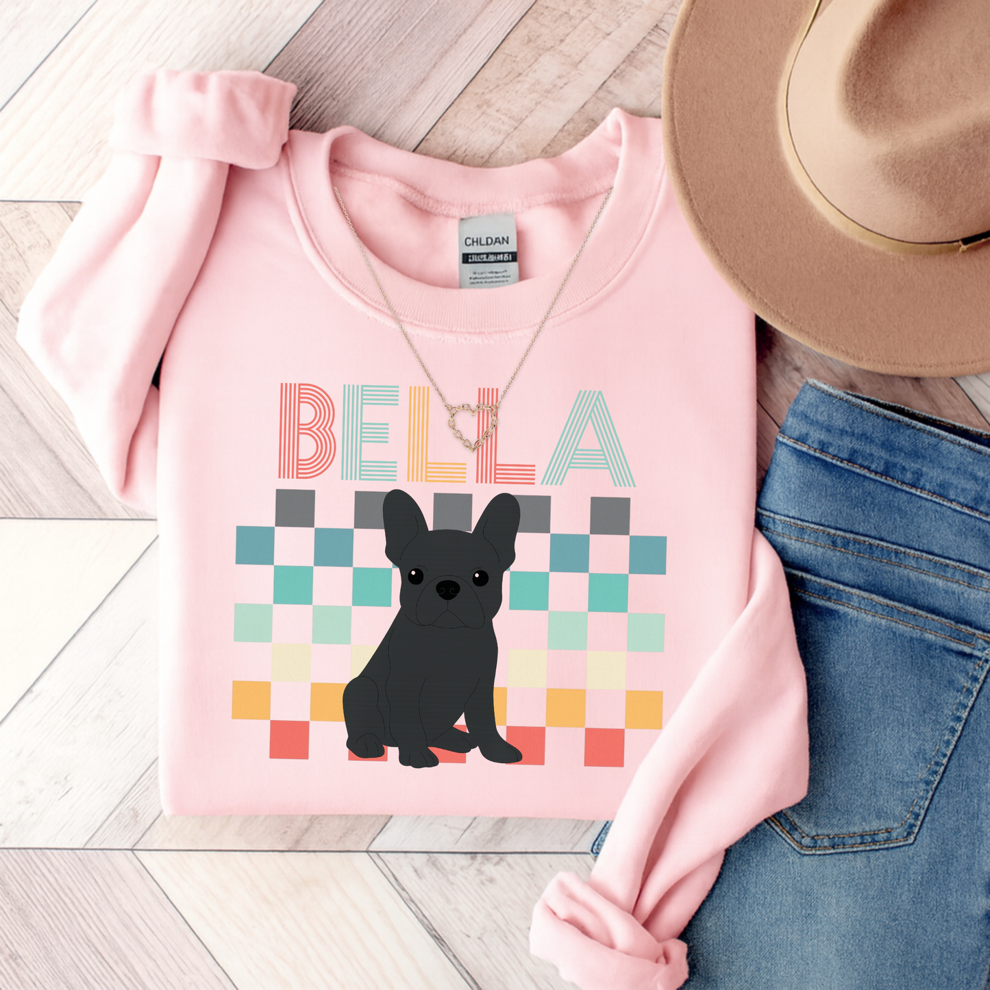 Black French Bulldog Retro Checkered Sweatshirt