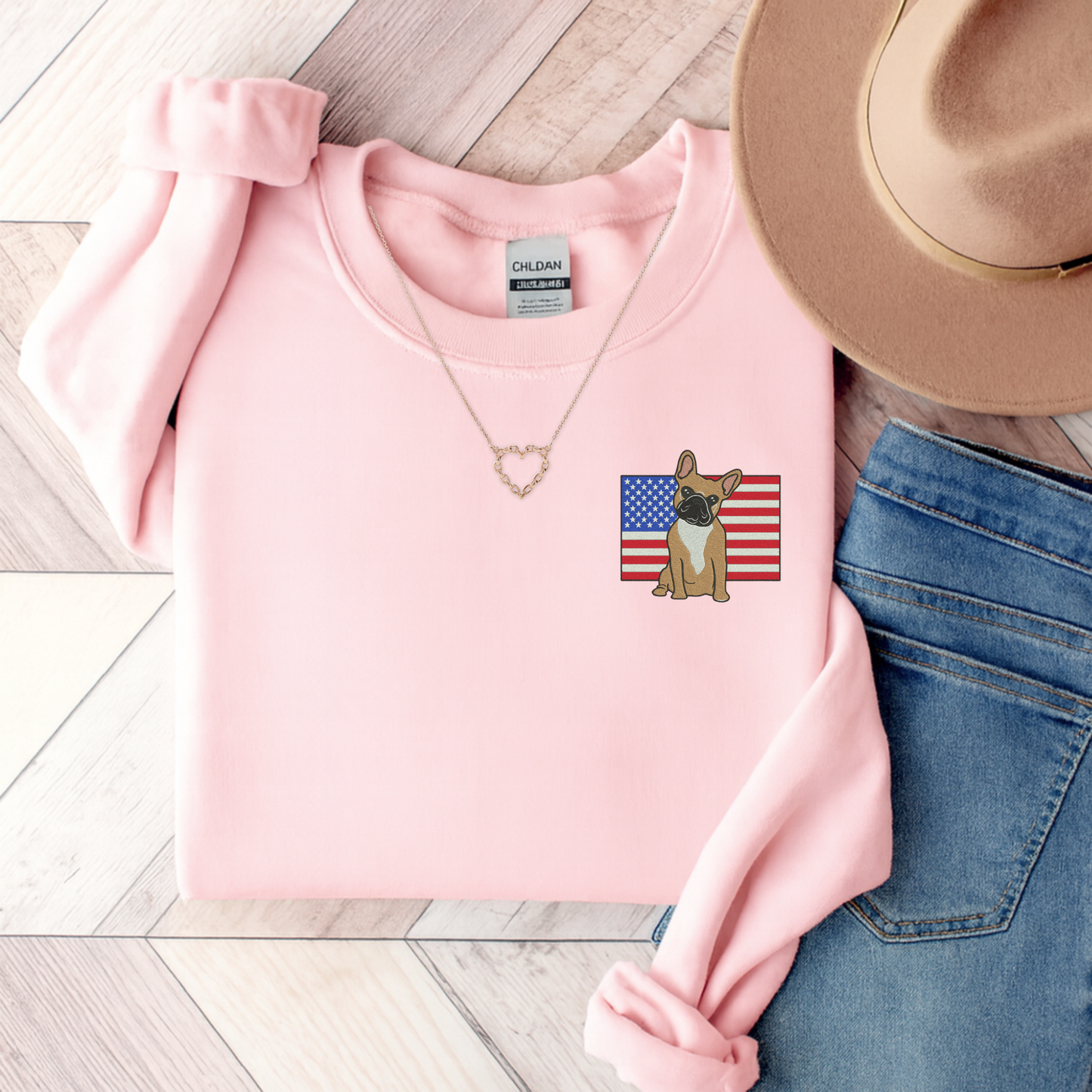 Embroidered Flag Fawn Frenchie Sweatshirt