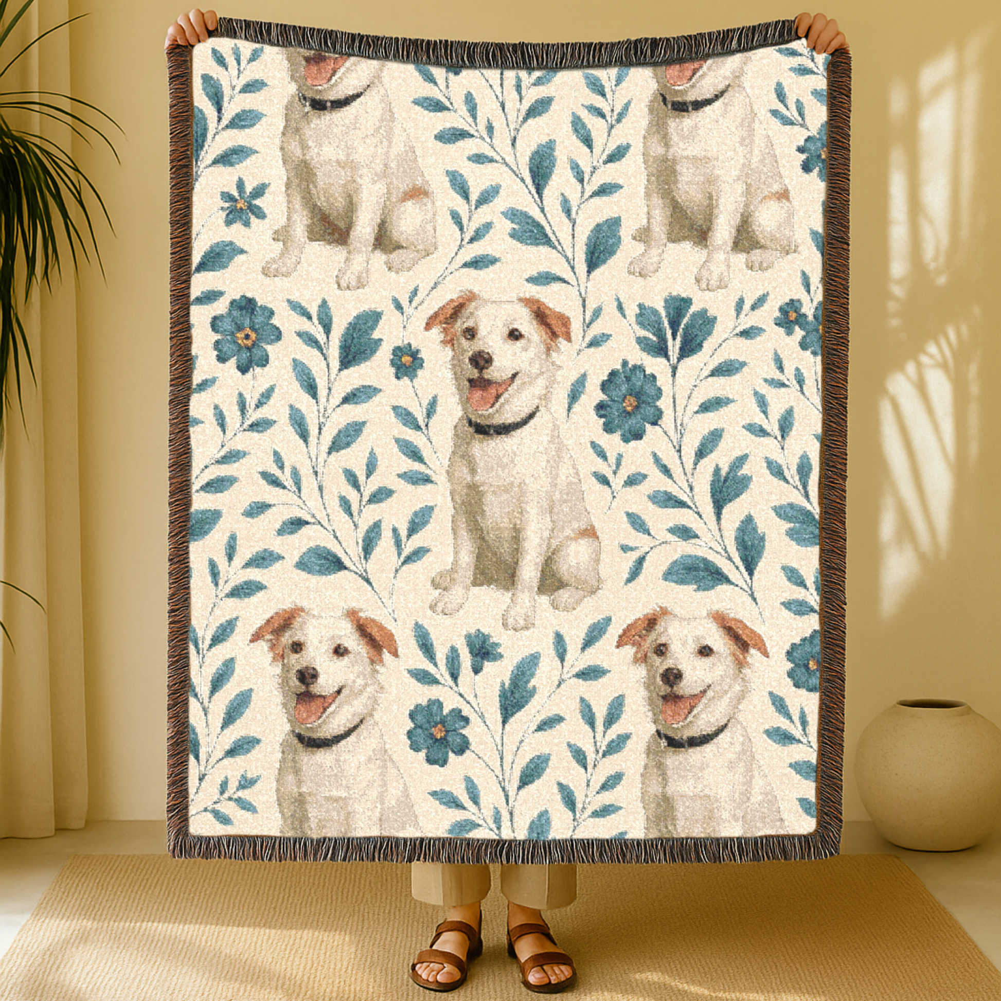 Blue Floral Mutt Woven Blanket