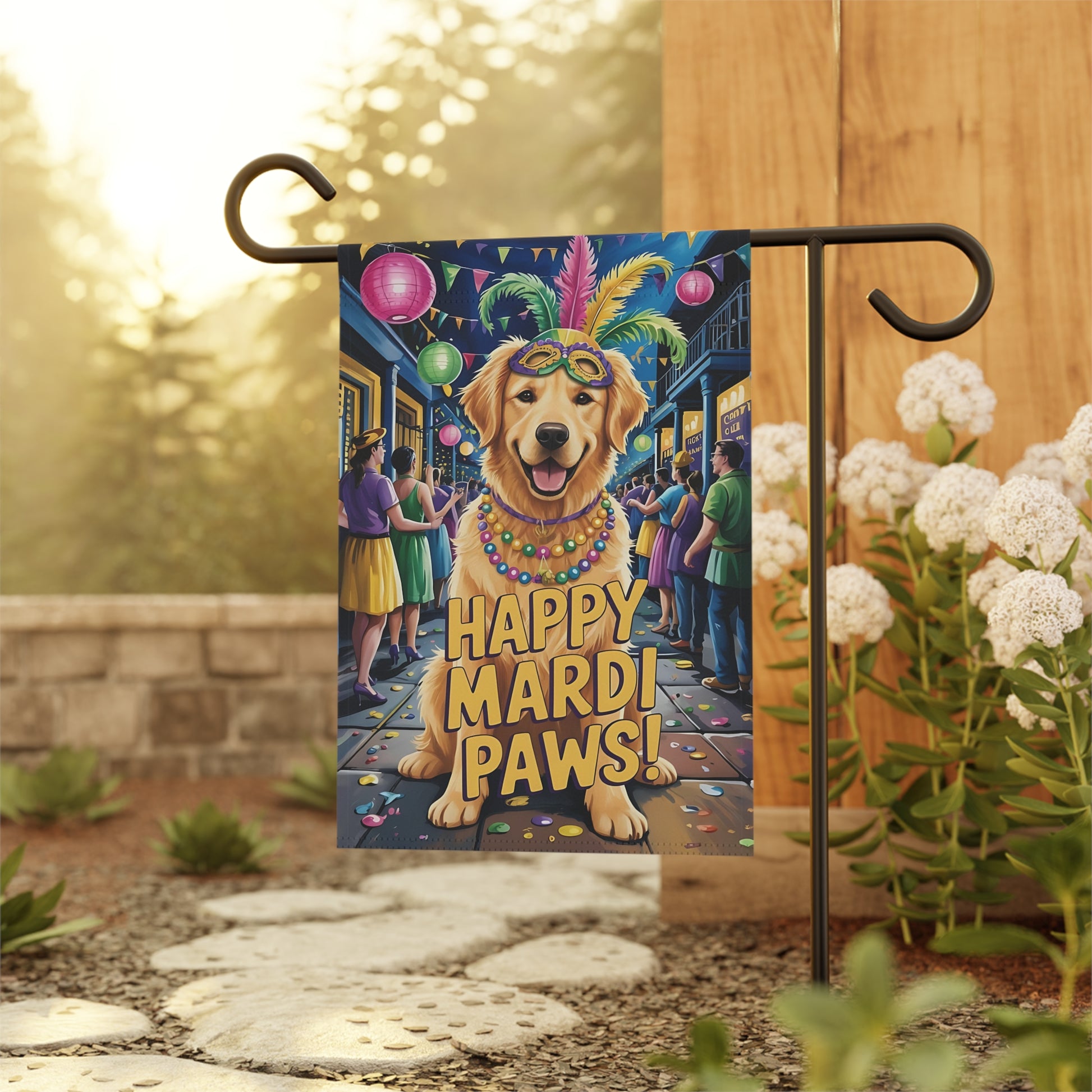 Golden Retriever Mardi Gras Paws Garden Flag