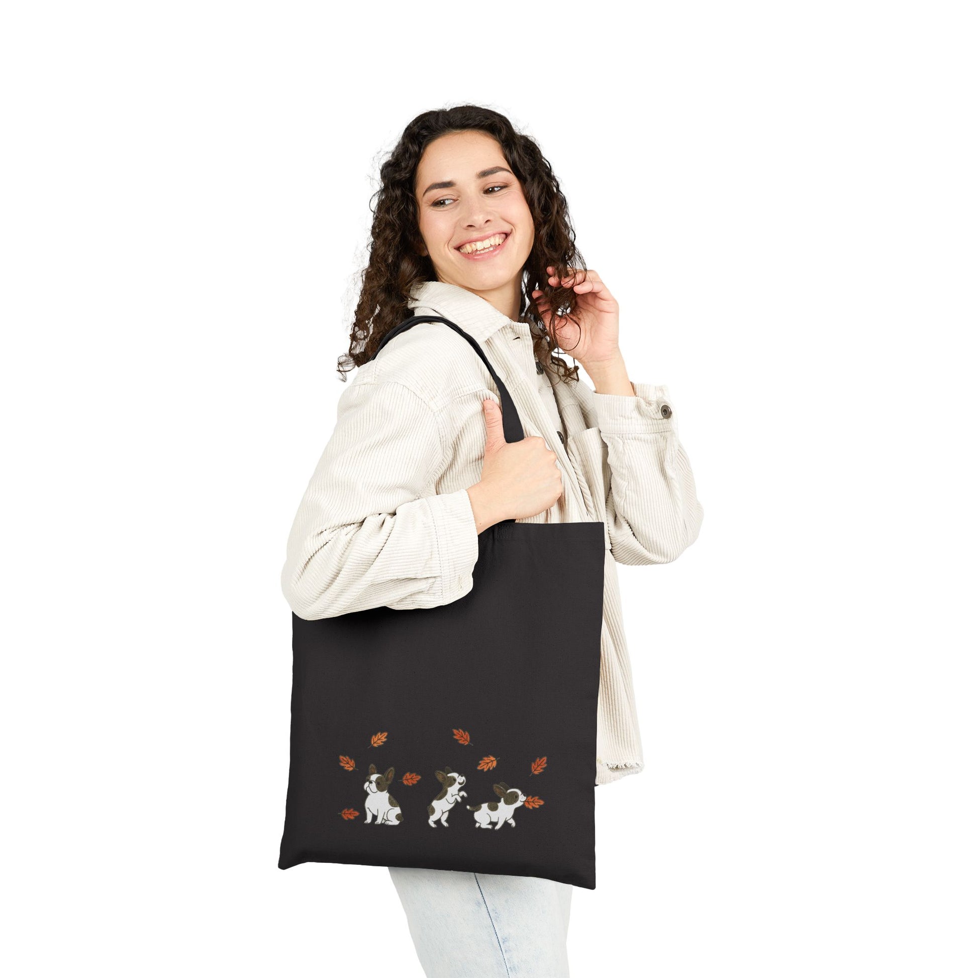Piebald Frenchie Chasing Leaves Tote Bag