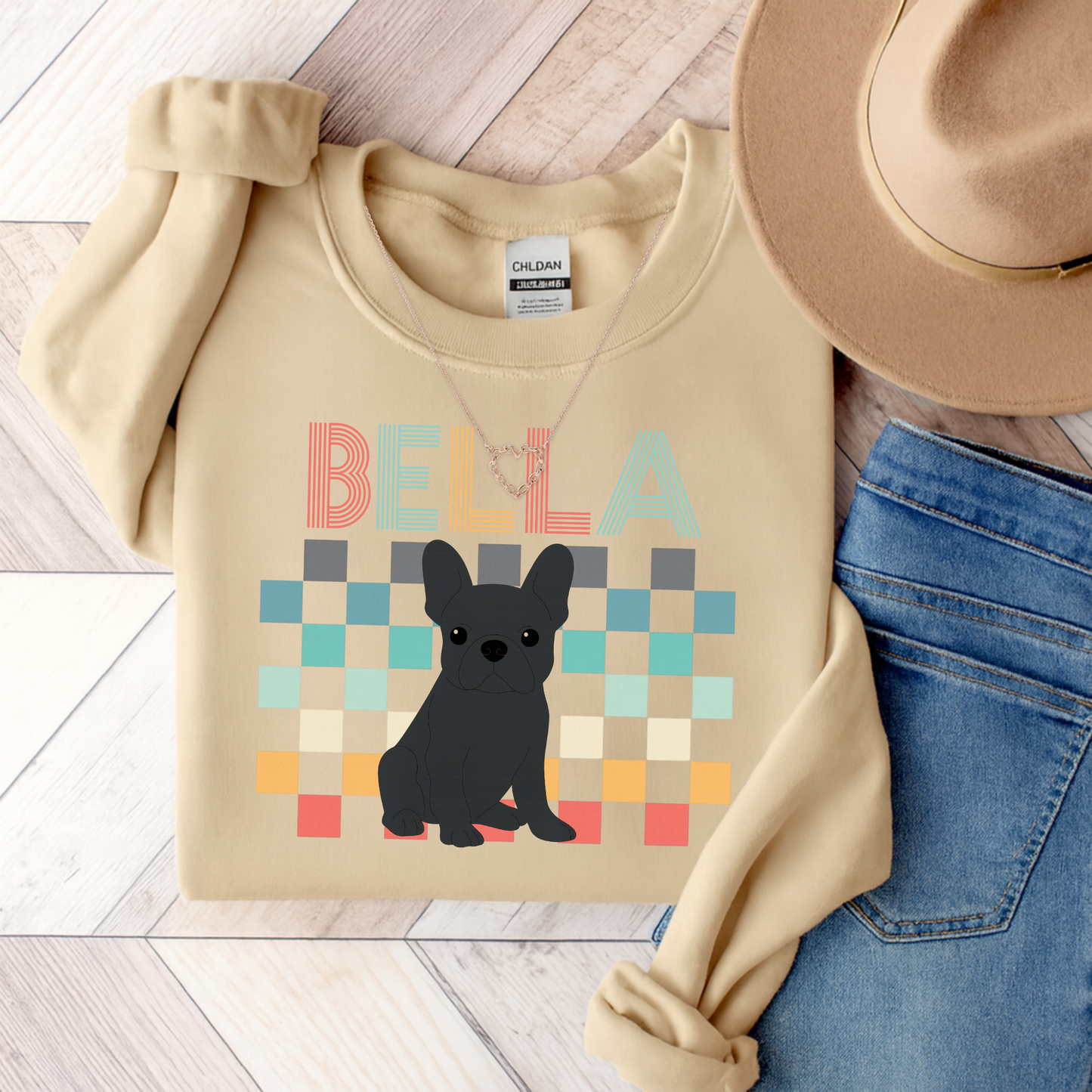 Black French Bulldog Retro Checkered Sweatshirt