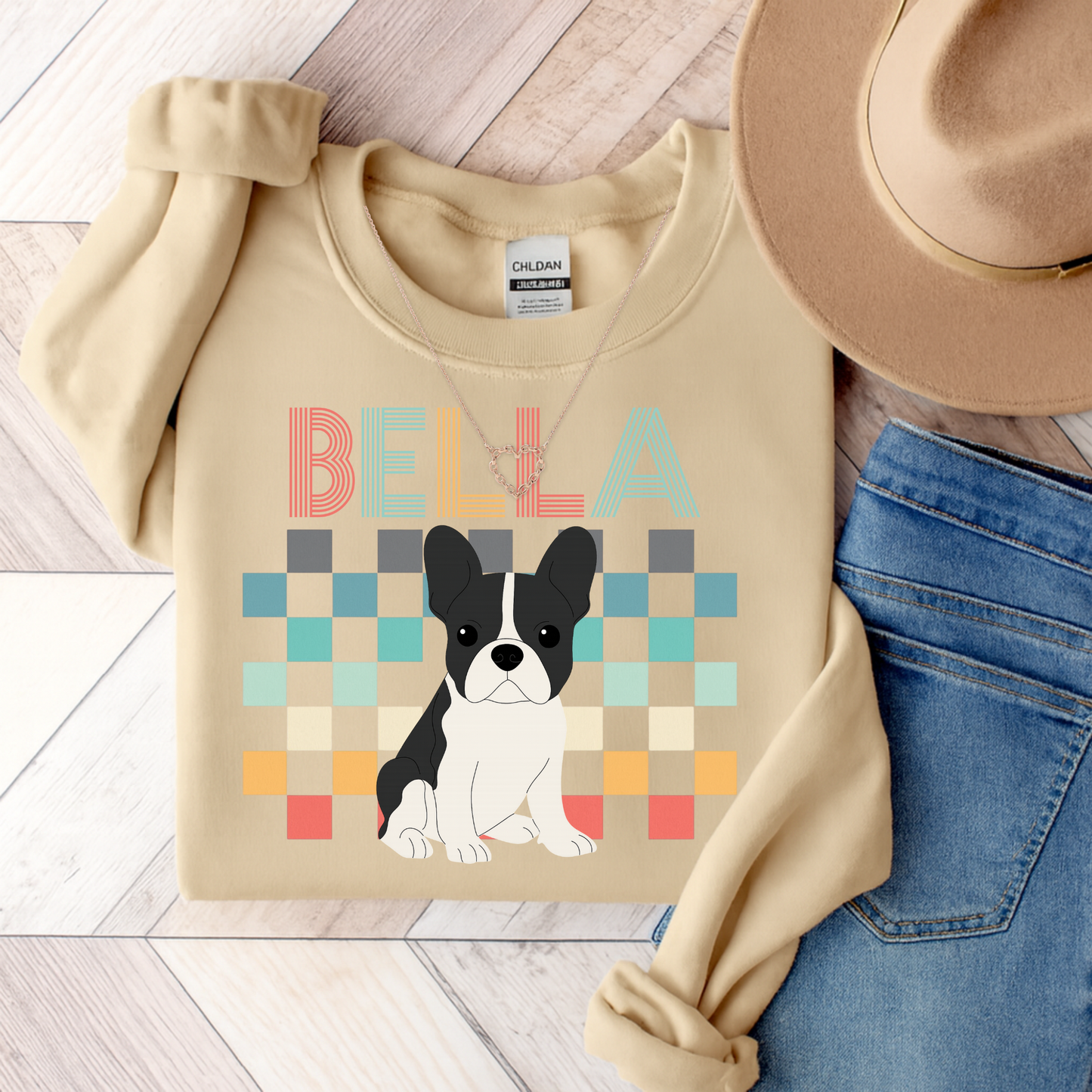 Piebald French Bulldog Retro Checkered Sweatshirt