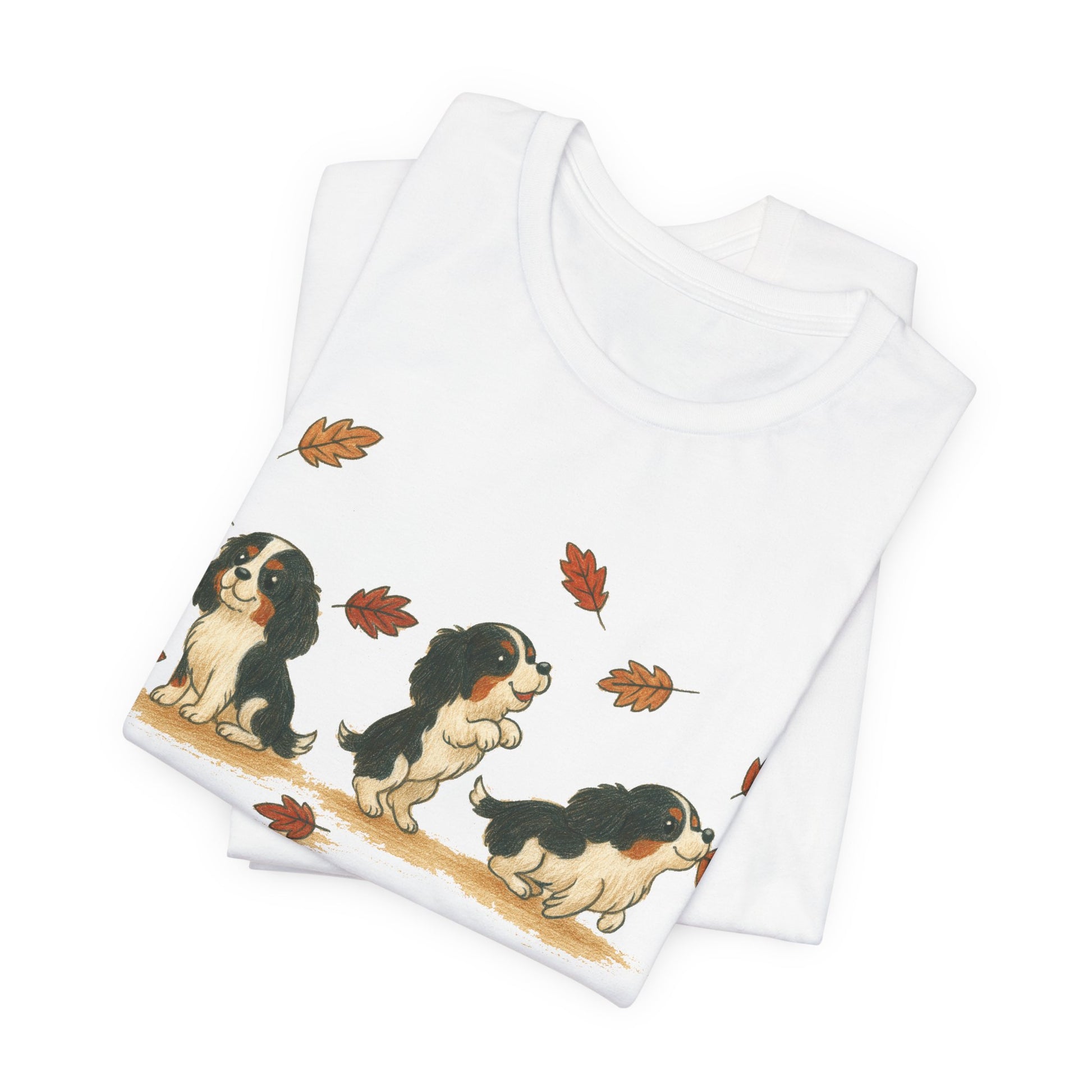 Tricolor Cavalier Chasing Leaves TShirt