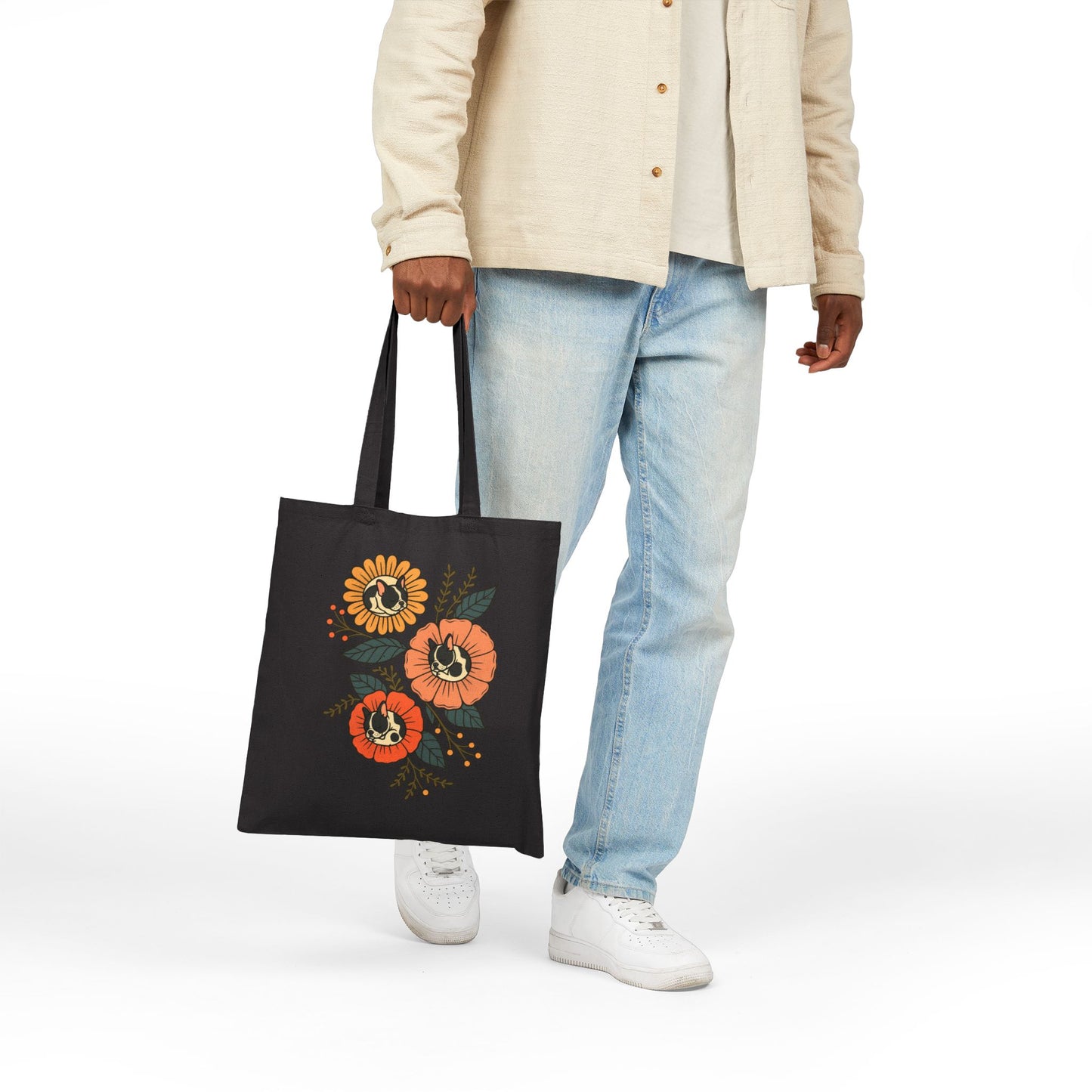 Piebald Frenchie Sleeping Flowers Tote Bag