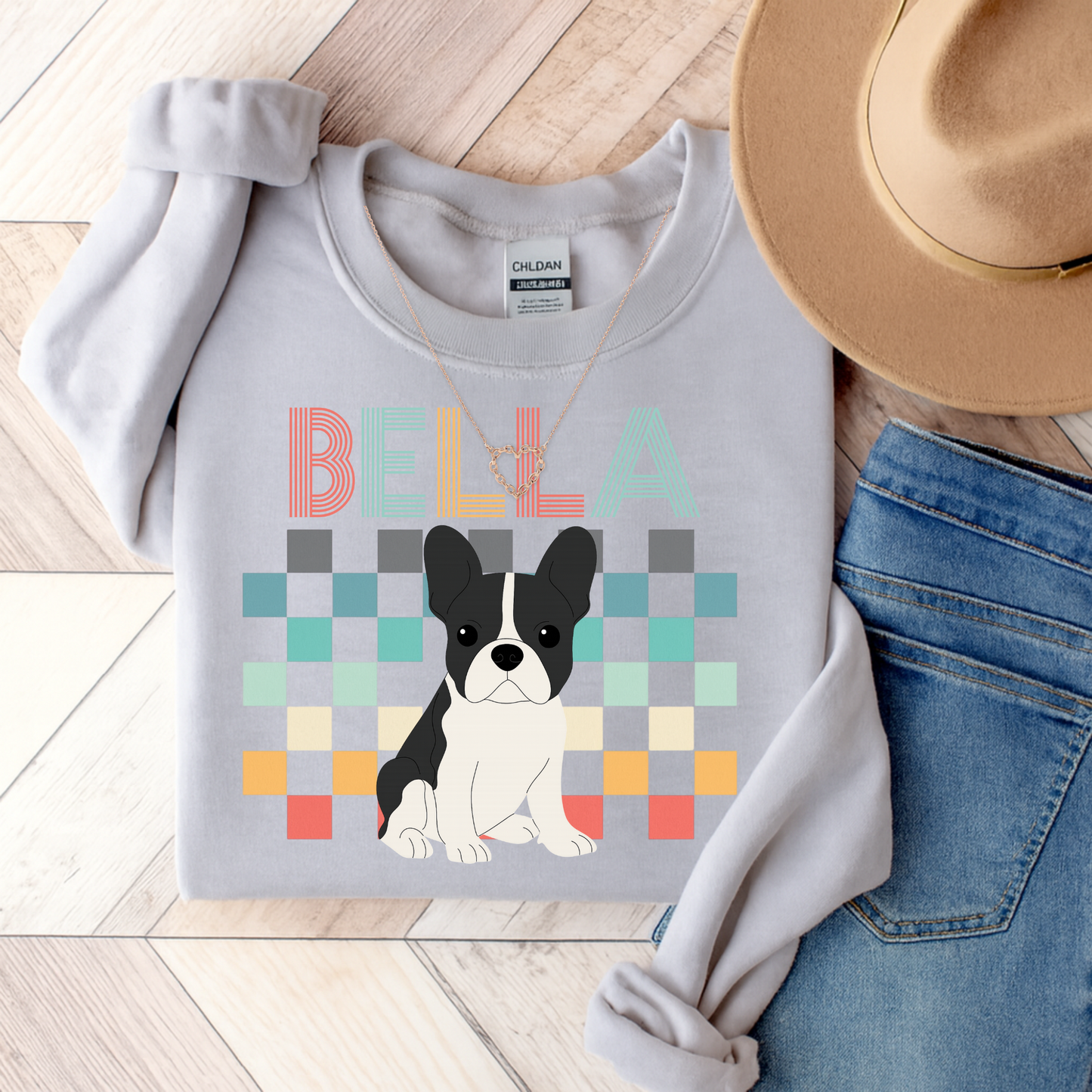 Piebald French Bulldog Retro Checkered Sweatshirt