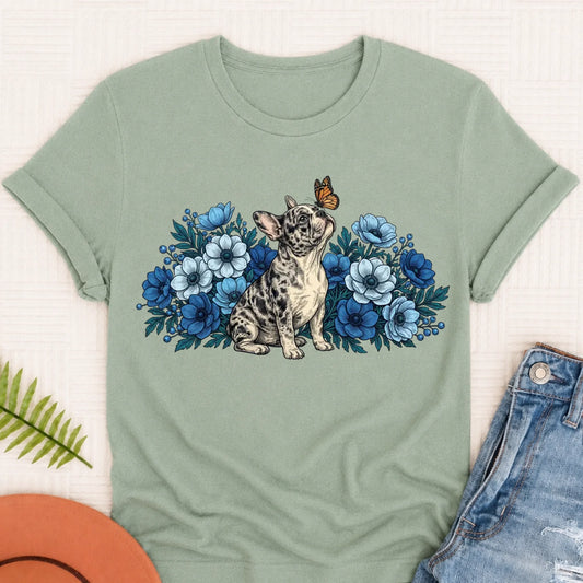 Custom French Bulldog Butterfly Flowers Unisex Tshirt Bay