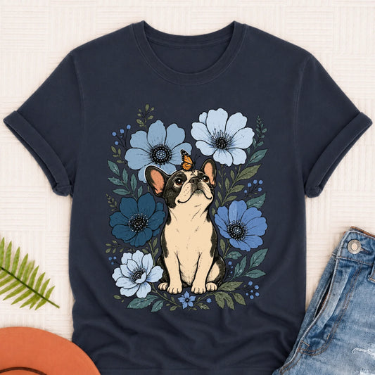 Custom Frenchie Blue Flowers Unisex Tshirt True Navy
