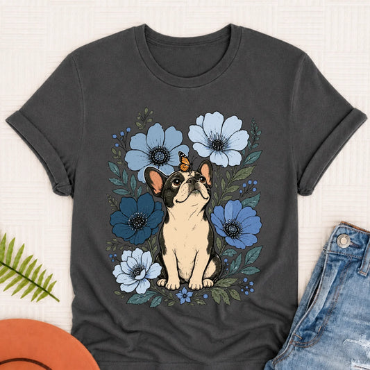 Custom Frenchie Blue Flowers Unisex Tshirt Pepper