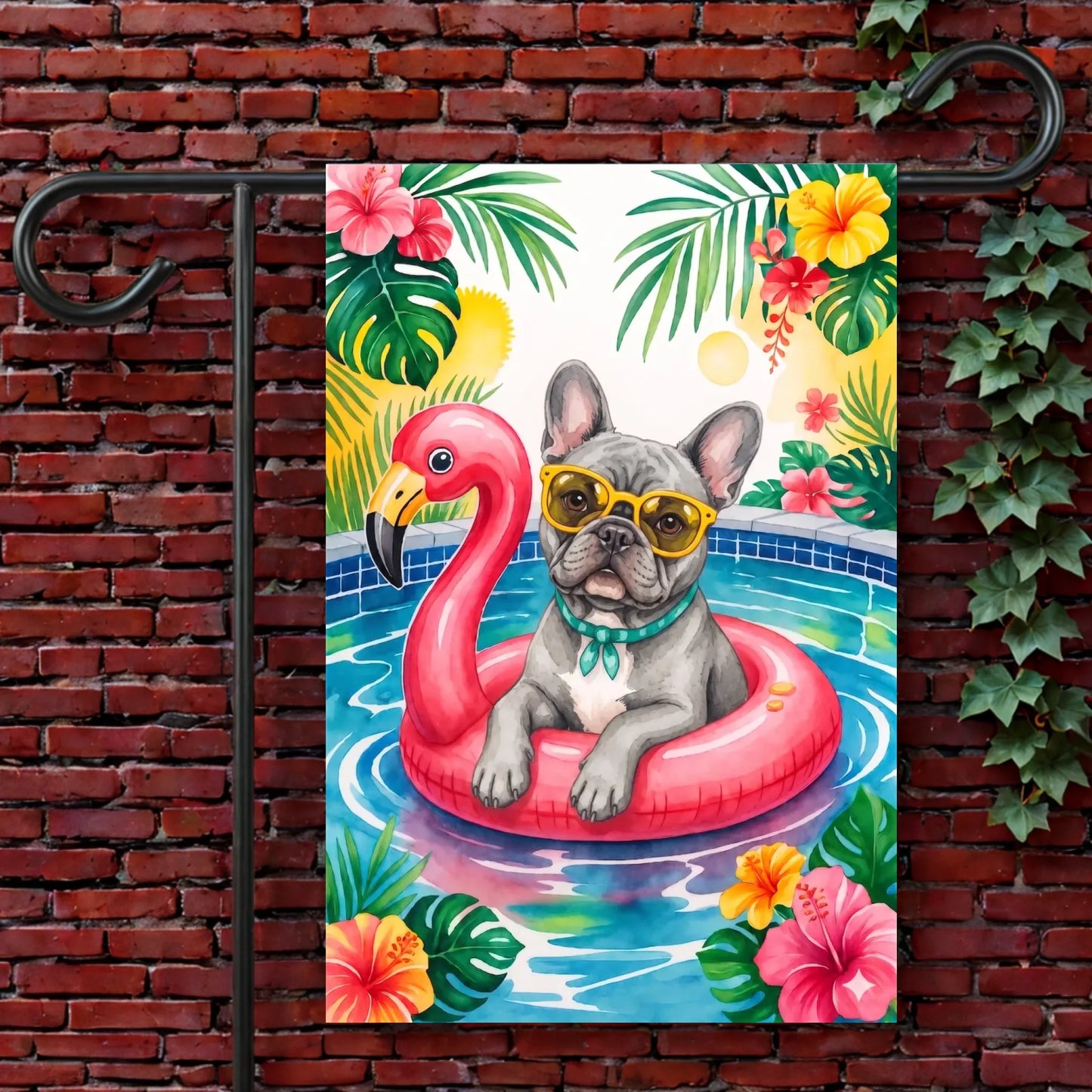 Custom French Bulldog Tropical Pool Garden Flag 12'' × 18''