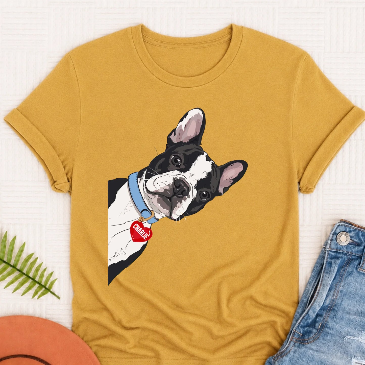 Custom French Bulldog Curious Unisex Tshirt Mustard