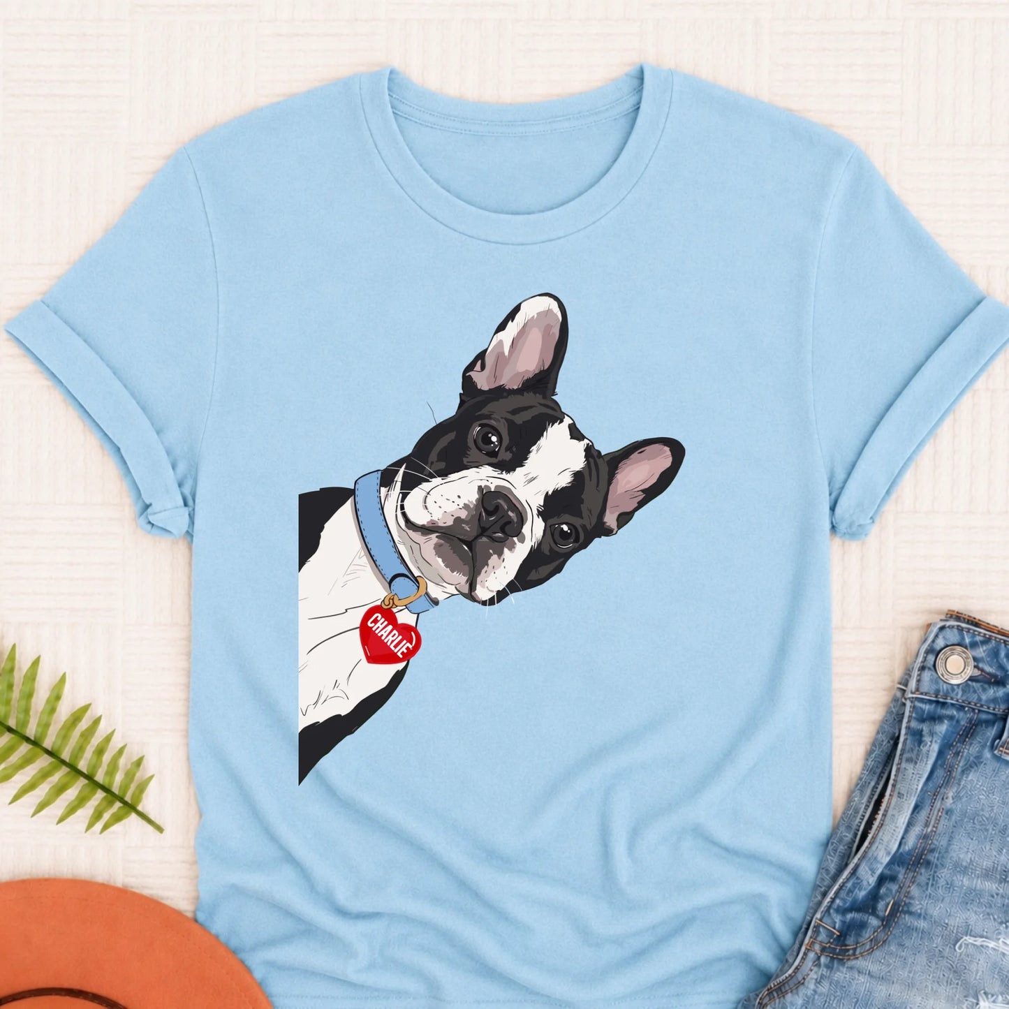 Custom French Bulldog Curious Unisex Tshirt Chambray