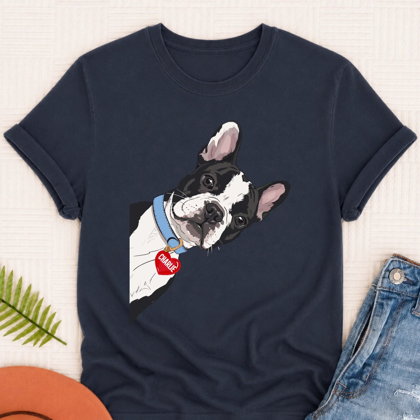 Custom French Bulldog Curious Unisex Tshirt Navy