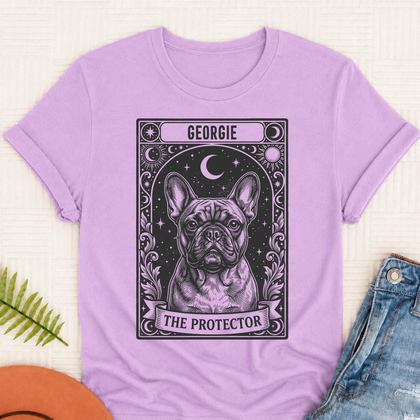 Custom French Bulldog Tarot Protector Unisex Tshirt Orchid