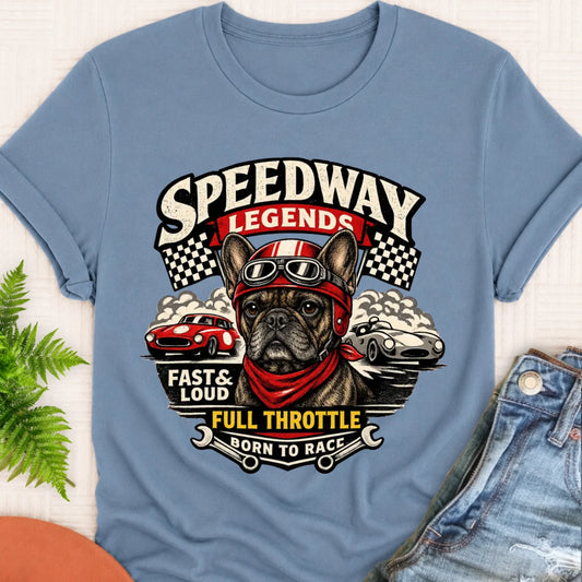 Custom Frenchie Race Car Speedway Unisex TShirt Blue Jean