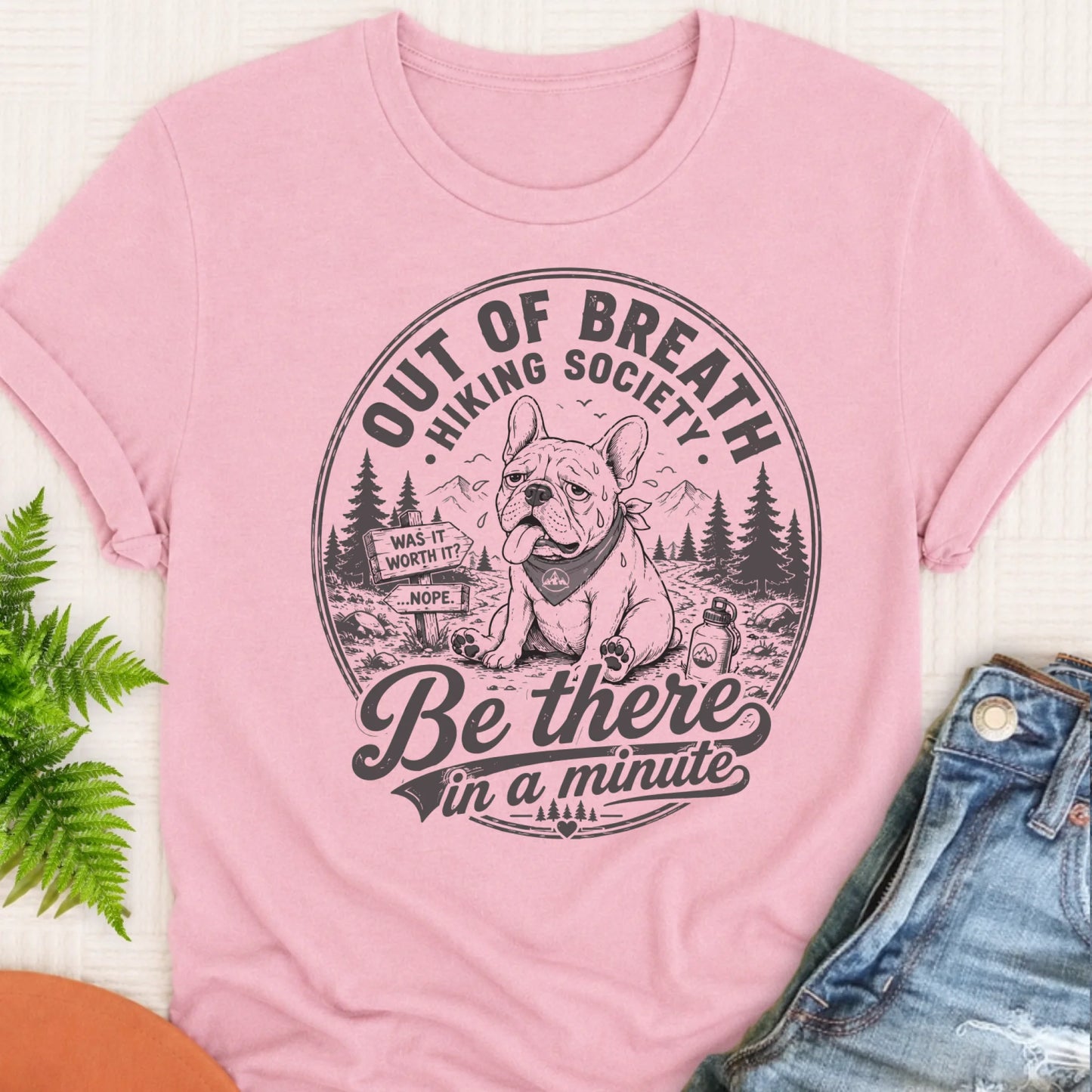 Frenchie Out of Breath Hiking Unisex TShirt Blossom