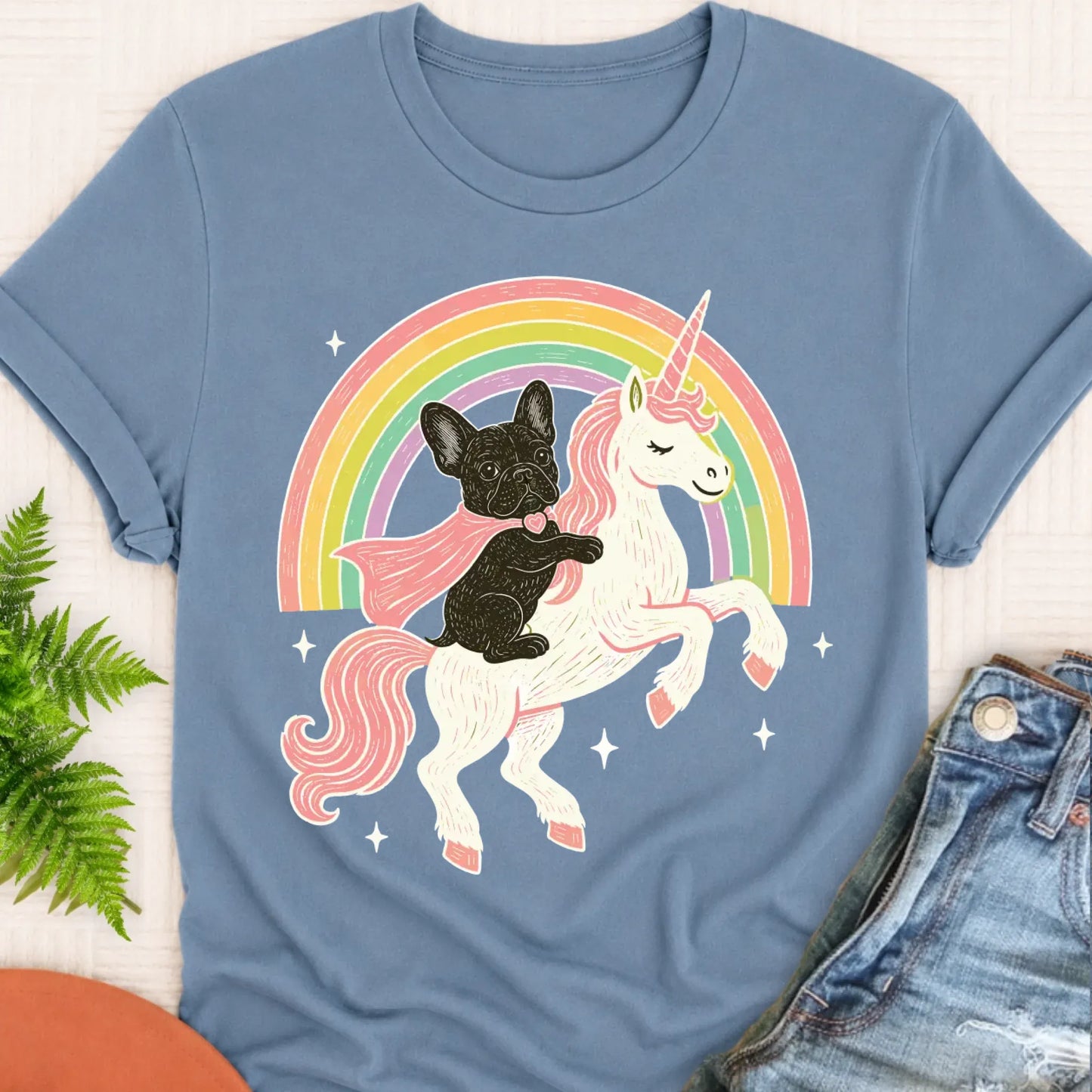 Custom Frenchie Fantasy Unicorn Unisex TShirt Blue Jean