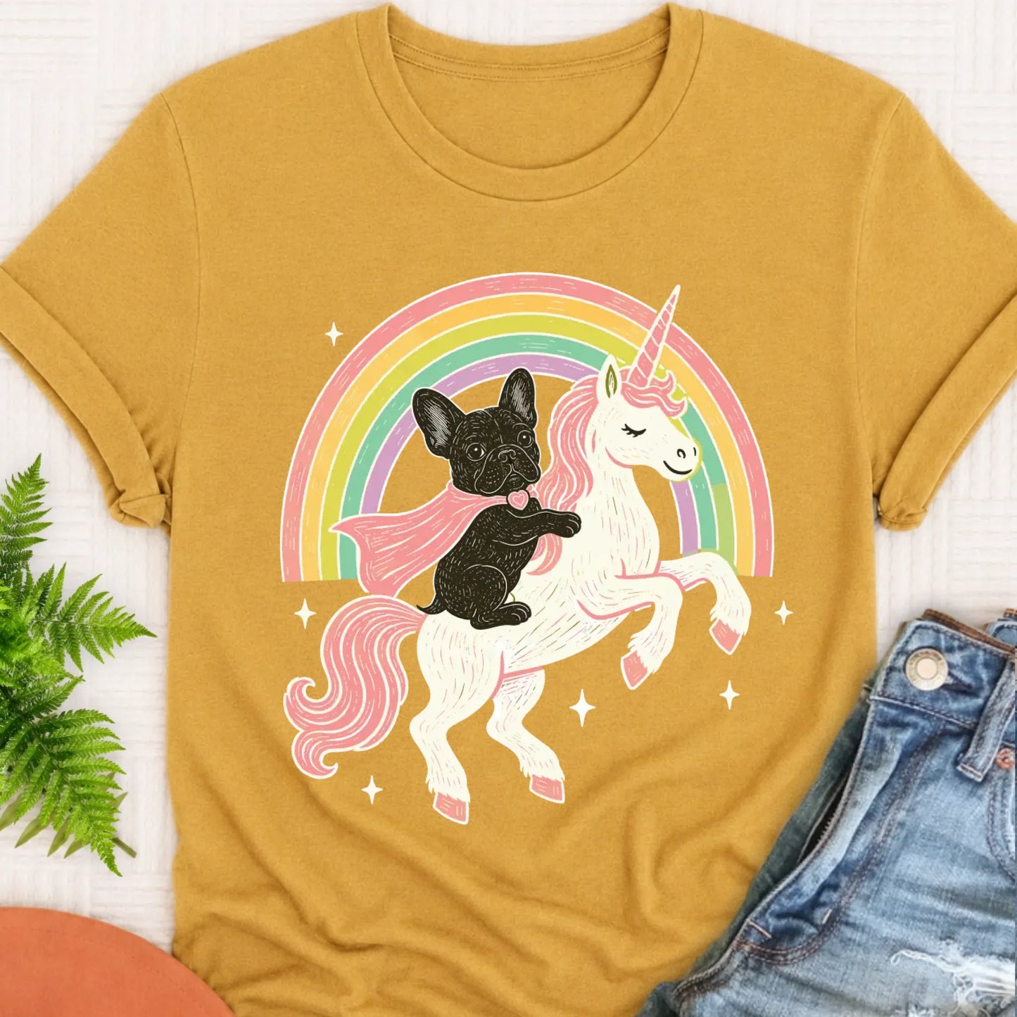 Custom Frenchie Fantasy Unicorn Unisex TShirt Mustard