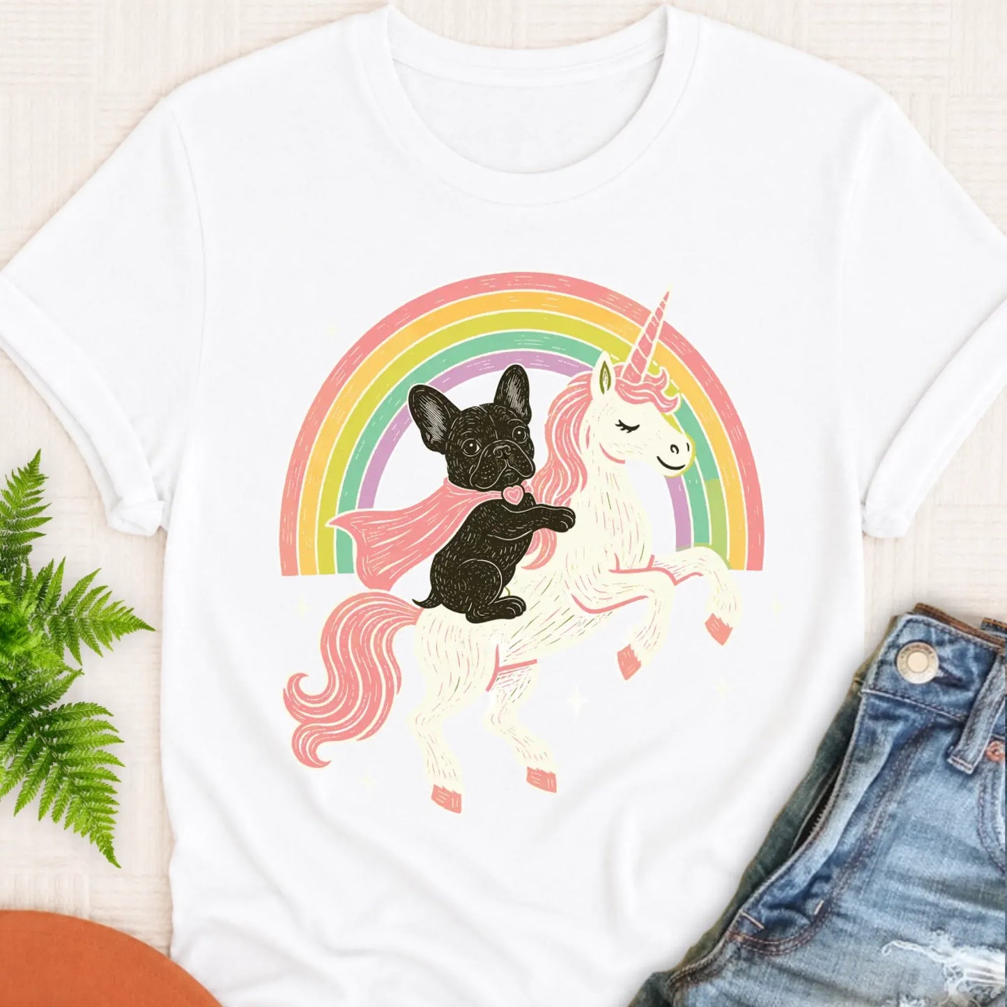 Custom Frenchie Fantasy Unicorn Unisex TShirt White