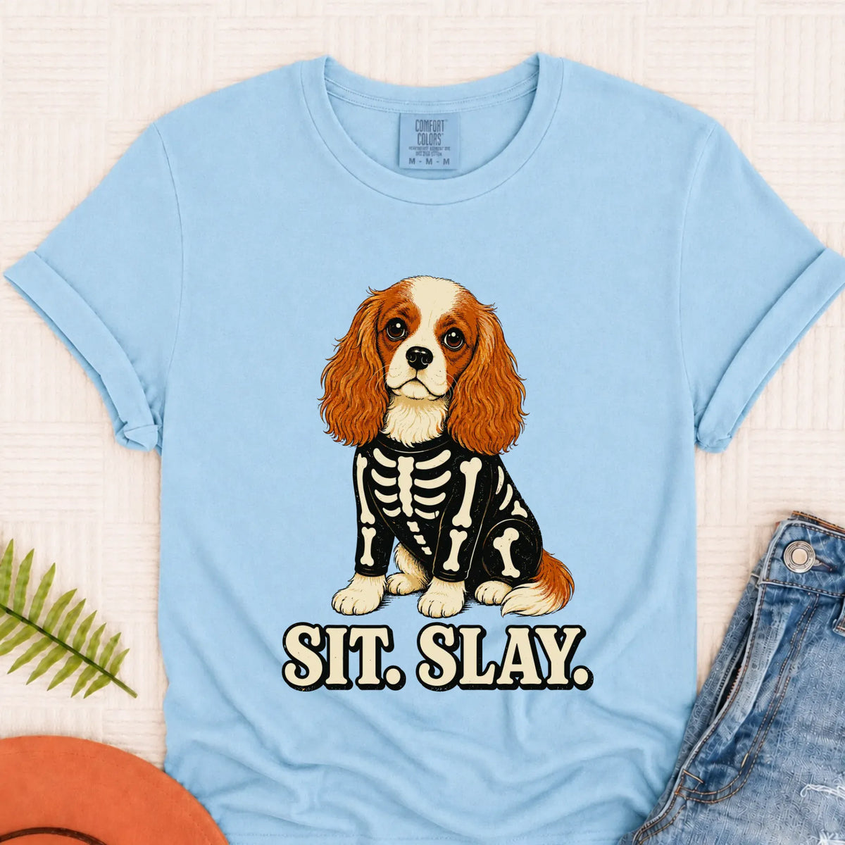 Custom Cavalier Halloween Skeleton Unisex TShirt Chambray