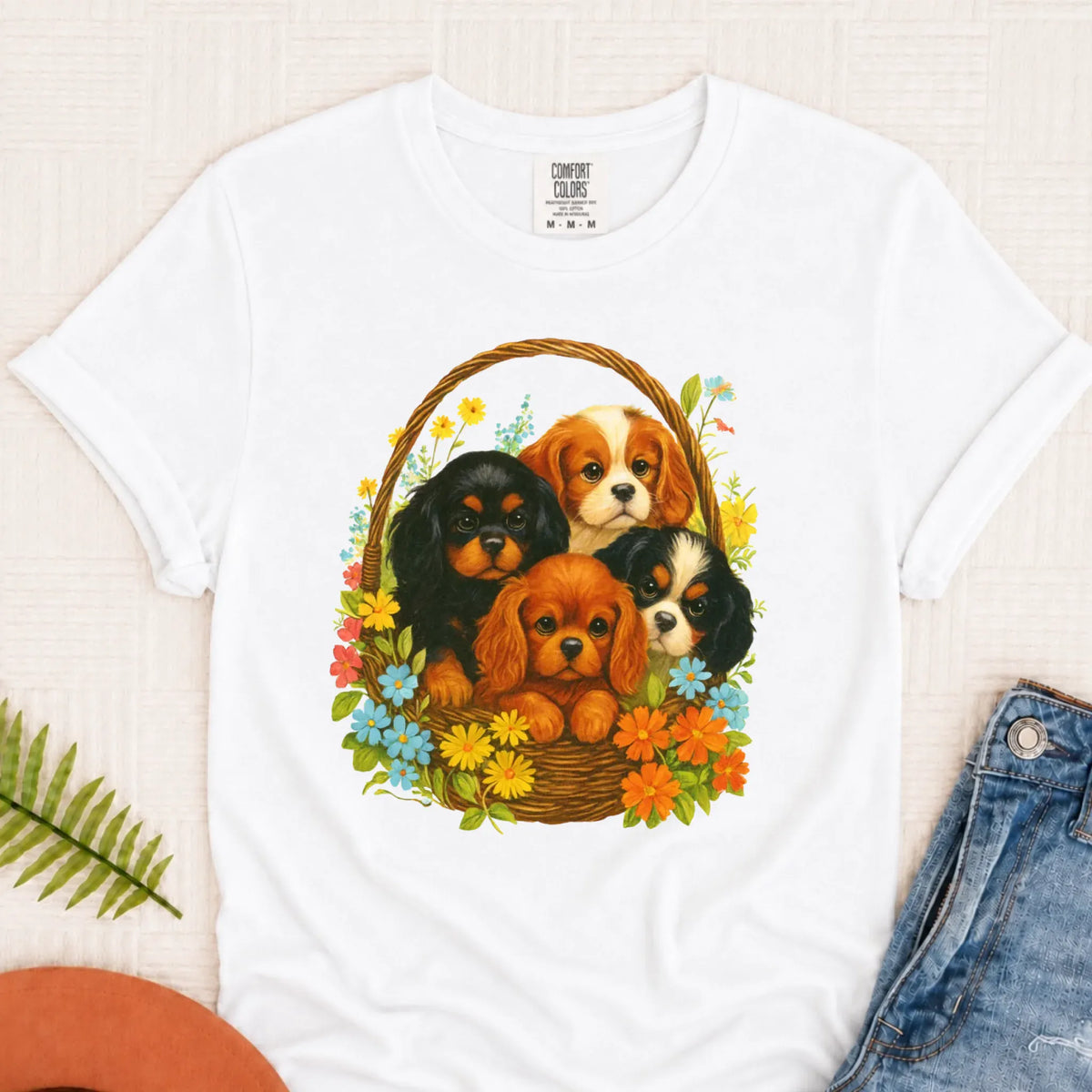 Cavalier Spring Puppy Basket Unisex TShirt White