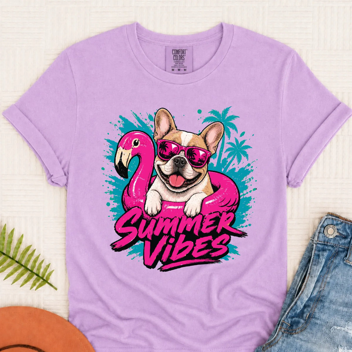 Custom Frenchie Summer Vibes Unisex Tshirt Orchid